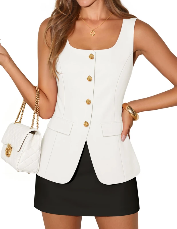 ZESICA Women's 2025 Summer Casual Sleeveless Suit Vest Square Neck Button Down Work Business Blazer Vests Waistcoat, Ivory, S