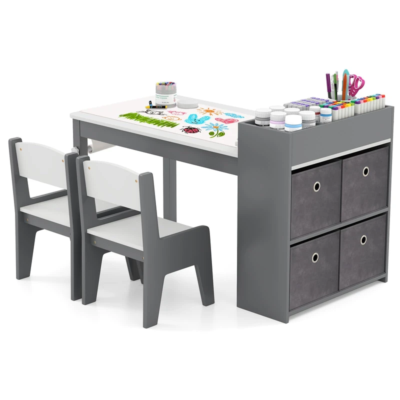 GYMAX Kids Table and Chairs Set, Wooden Children Art Desk with Paper Roll, 4 Fabric Bins&Storage Shelves, 3 in 1 Toddler Activity Table Set for Drawing Writing Learning,100x50x58cm (Grey + White)