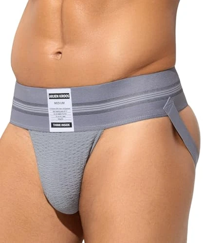 Arjen Kroos Men's Jockstrap Sexy Jock Strap Low Rise Underwear Briefs Athletic Supporter Sports Pouch Thongs with Wide Belt,GREY,M