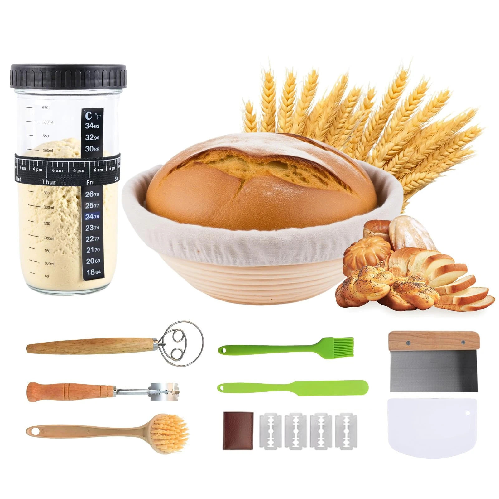 Sourdough Starter Kit Sourdough Starter Jar Set 9 Inch Round Banneton Bread Proofing Basket with Dough Scraper,Bread Lame,Basket Cover,Bread Making Tools for Bakers