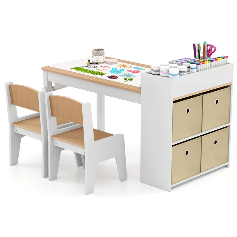 GYMAX Kids Table and Chairs Set, Wooden Children Art Desk with Paper Roll, 4 Fabric Bins&Storage Shelves, 3 in 1 Toddler Activity Table Set for Drawing Writing Learning,100x50x58cm (Natural + White)