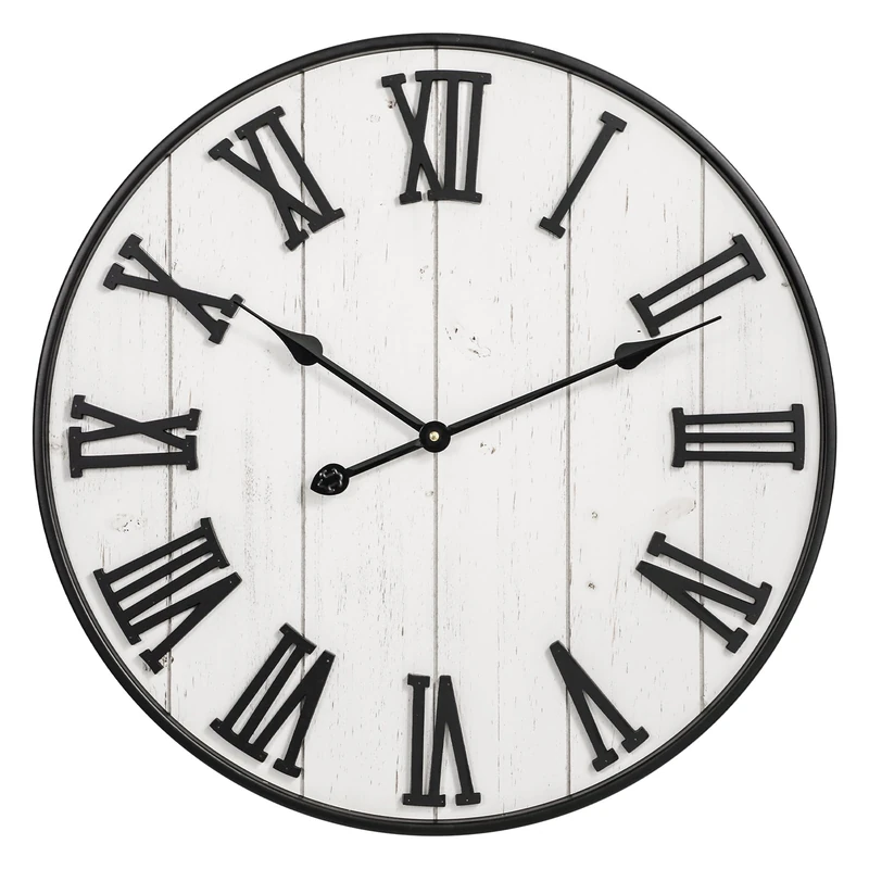 MODE HOME Large Rustic Wooden Wall Clock, 24 Inch Whitewashed Farmhouse Wall Clock with Carved Roman Numerals, Silent Battery Operated Round Vintage Clock for Living Room, Kitchen, Bedroom, Study Room