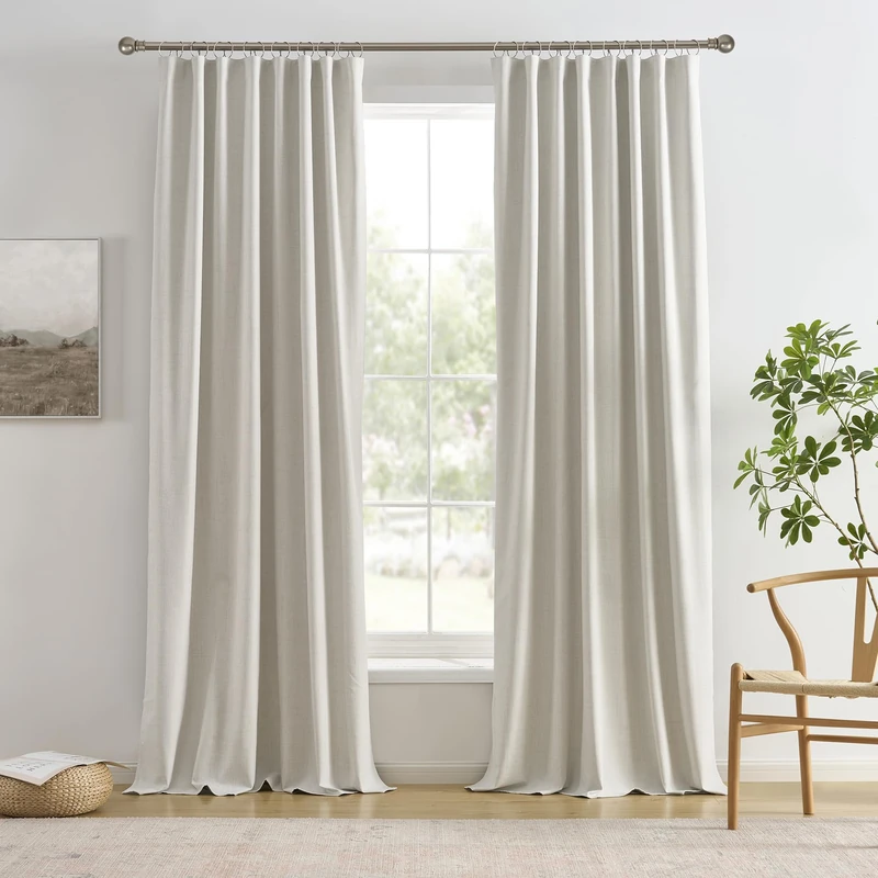 2 PCs Extra Wide Linen Blackout Curtains 102 Inches Long,Back Tab Pleaetd Drapes with Hooks Track System Curtain Panels Room Divider Curtains for Patio Sliding Door Living Room 70 x 102 Natural Birch