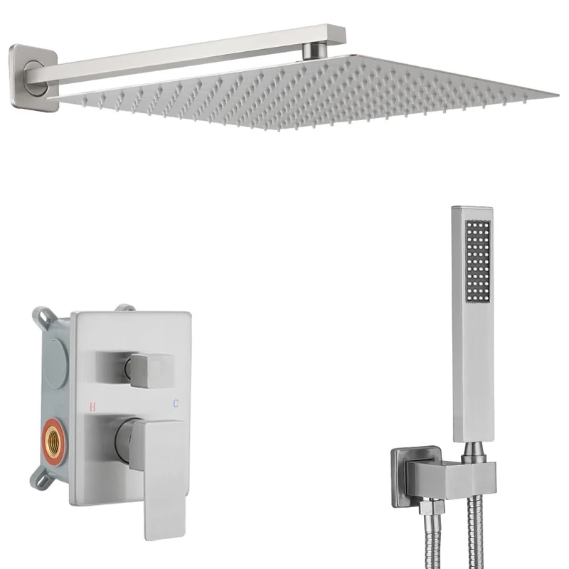 JingGang Brushed Nickel Shower System 16" Luxury Rain Mixer Shower Combo Set Wall Mounted Rain Shower Head and Hand System Shower Faucet Set Coarse Valve Body and Trim