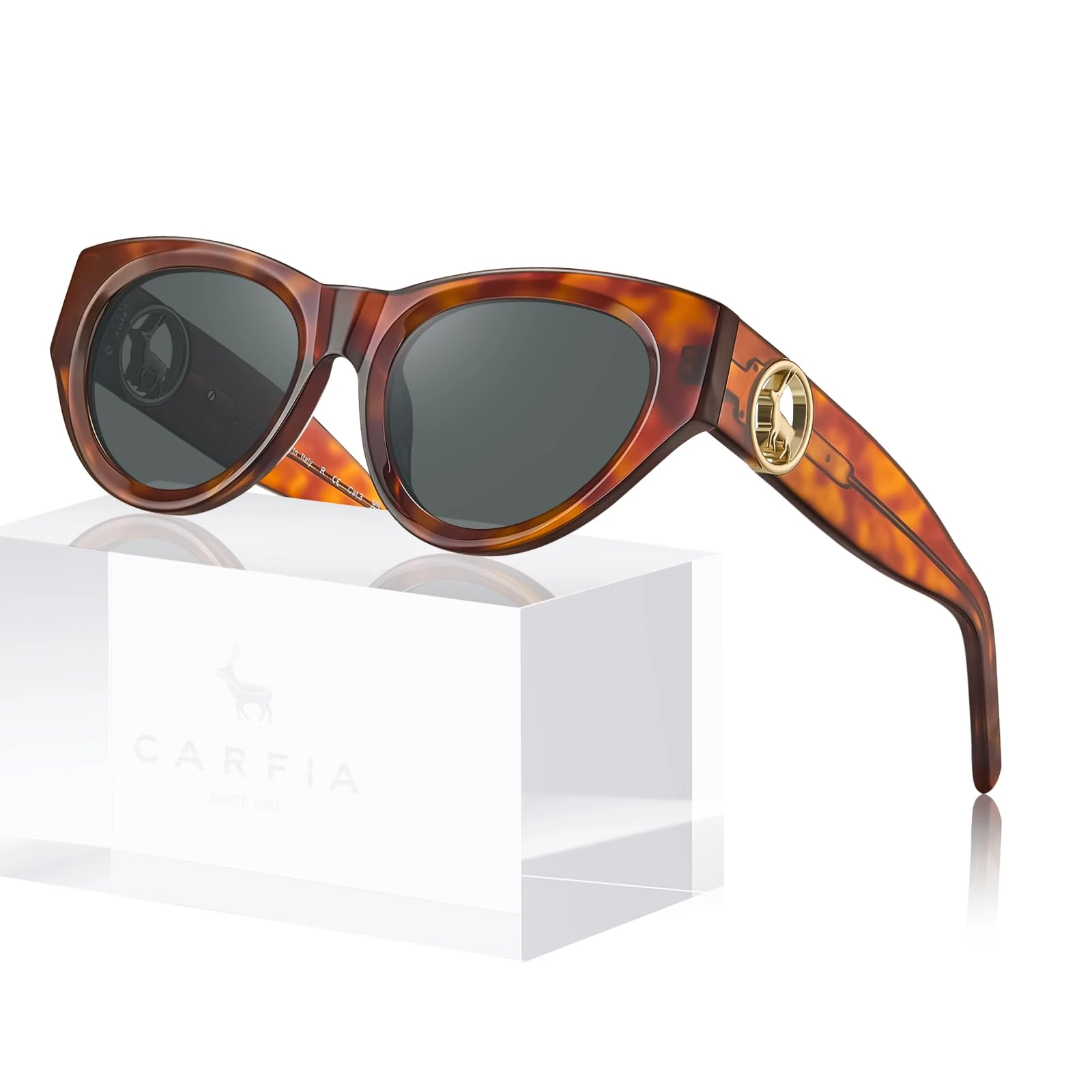 CARFIA Stylish Women's Cat-Eye Polarised Sunglasses Elegant Style for Ladies with Distinctive Antelope Logo in Italian Acetate Frame