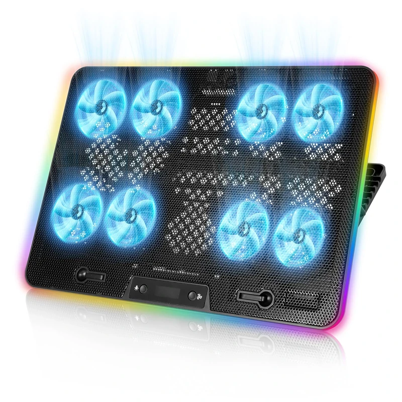 PopuLike Laptop Cooling Pad, 8-Fan Adjustable Laptop Cooler Quiet with RGB LED Display, 7-Level Height Stand for 12-17 Inch Notebook, Dual USB Ports & Phone Holder, Manual Speed Control