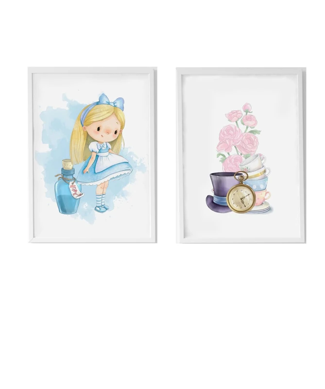 Set of 2 Cuadros infantiles formado por cuado Alicia con pocima Azul y cuadro Flores y objetos Alicia - Image 1