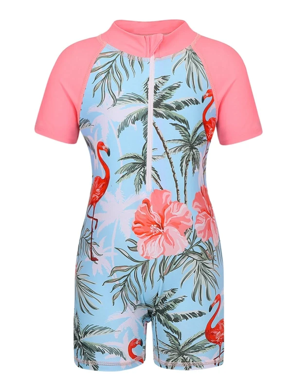 AmzBarley Girls Swimming Costume Kids One Piece Swimsuit Mermaid Swimwear Zipper Swimsuits Short Sleeve Surfing Swimming Wetsuit Bluepink Age 7-8 Years Size 130