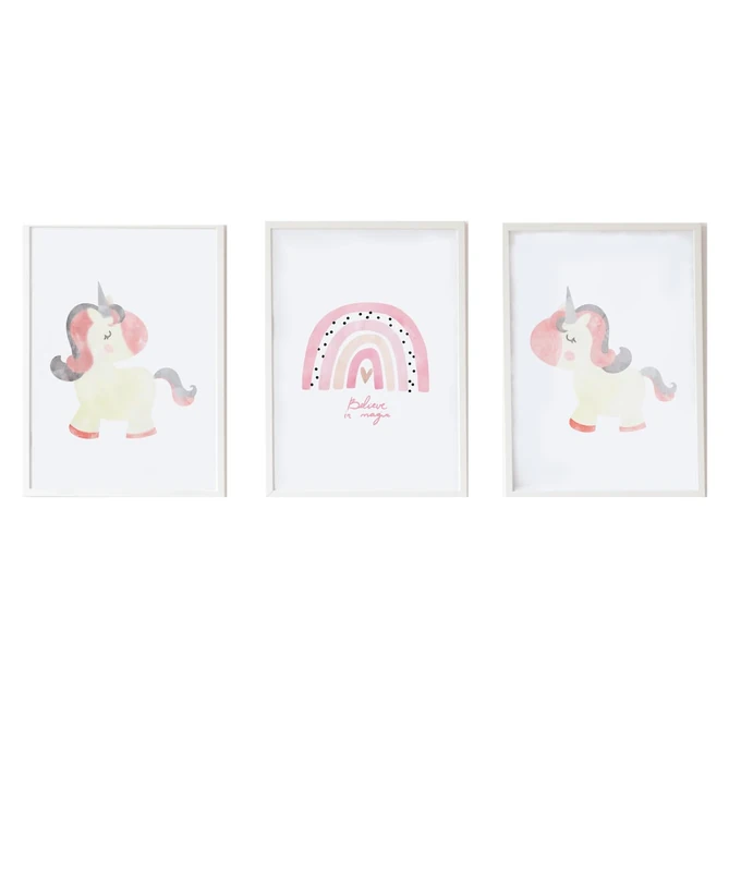 AlexandreHouse Set of 3 Cuadros Infantiles Formado Por Cuadro Ilustracion Uniconio, Cuadro Arcoiris Rosa Y Cuado Unicornio White and Pink - Image 1