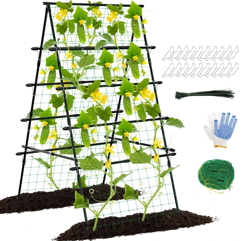 6ft Cucumber Trellis for Raised Bed, Garden Trellis for Climbing Plants Outdoor, A Frame Metal Trellis Support with Net for Vegetables Tomato Zucchini Squash Beans Peas Melons, Rose Flowers,Vines