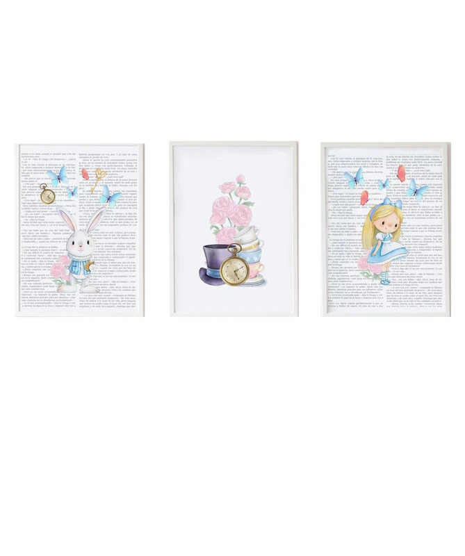Set of 3 Children's Labels Formado por Lámina Conejo Fondo cuento, Lámina Flores y objetos Alicia y Lámina Alicia Cuento Background