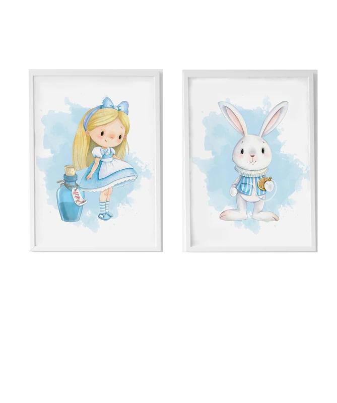 AlexandreHouse Set of 2 cuadros infantiles formado por cuadro Alicia con pocima azul y cuadro conejo con reloj - Image 1