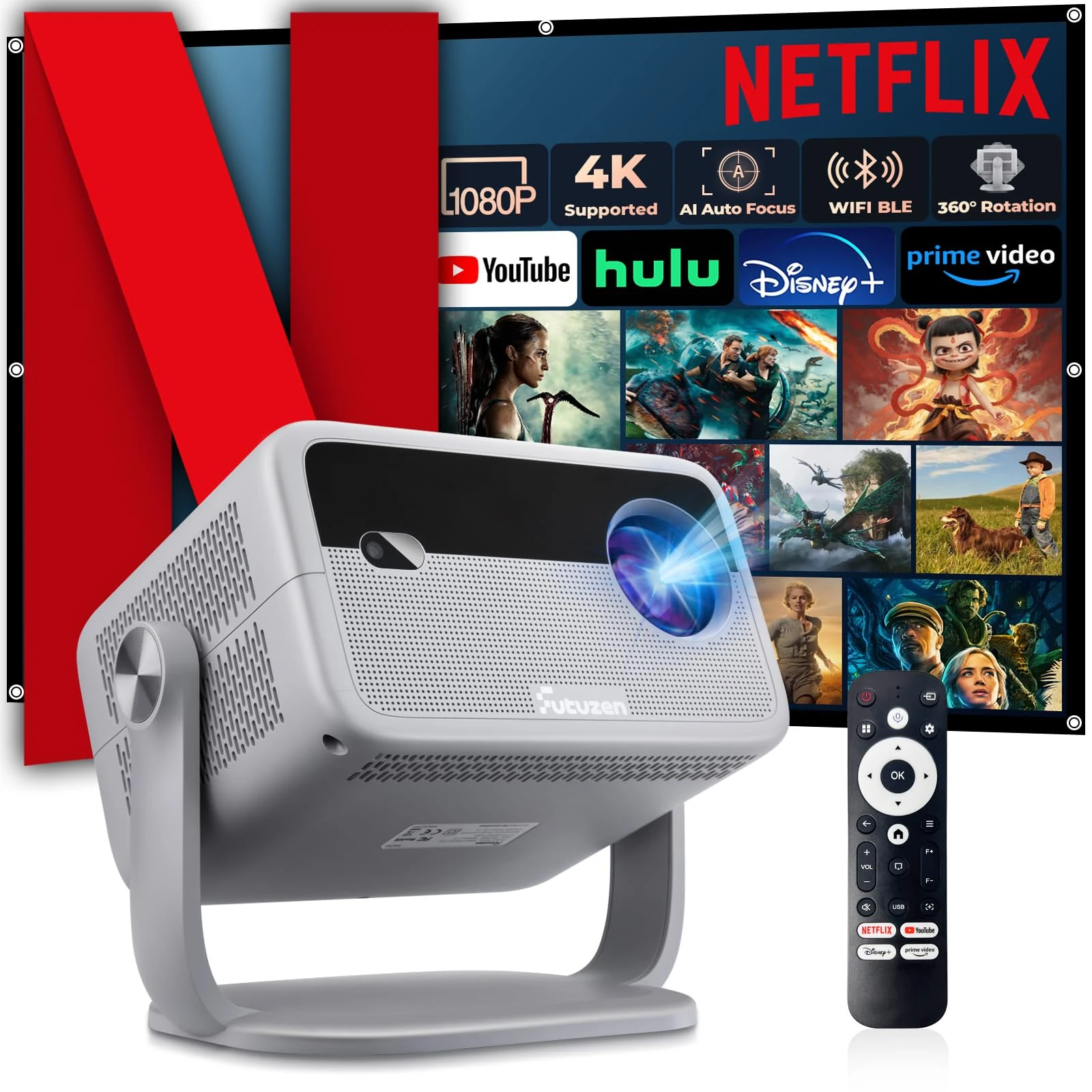 Netflix Officially Licensed & Auto Image Set-upSmart Projector with WiFi and Bluetooth,600 ANSI Native 1080P Voice Control Outdoor Mini Projector, 360° Rotation 4K Support Home Projectors