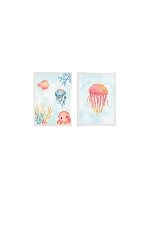 Set of 2 Cuadros Infantiles Formado Por Cuadro Estampado Peces, Pulpo y Estampado Pink Jellyfish - Image 1