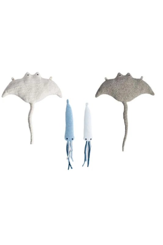Set of 4 Plush infantiles de pared formado por mantarraya Blanco, mantarraya gris mini pulpo Azul y mini pulpo Blanco