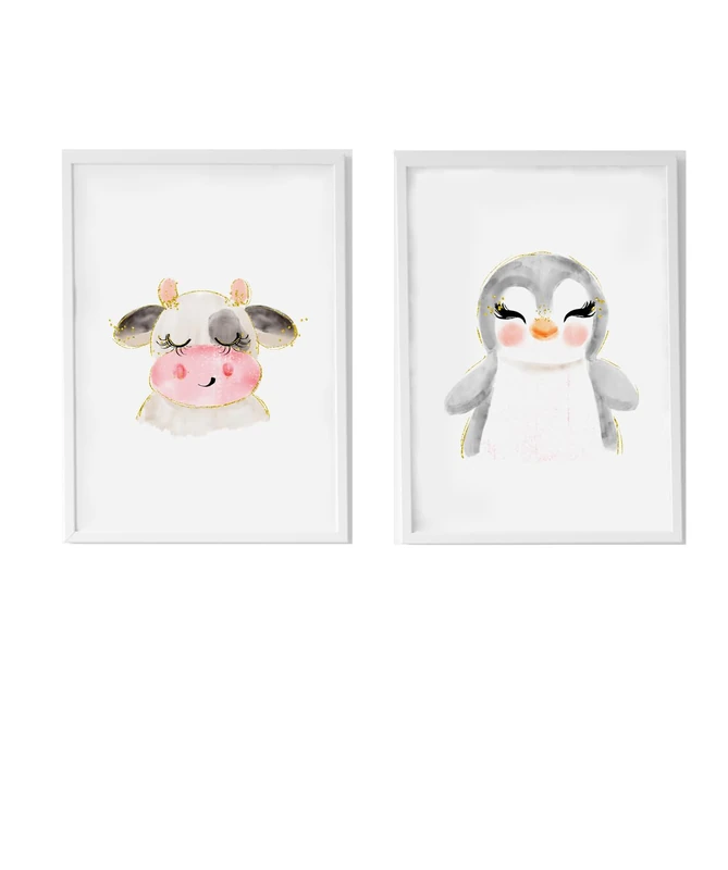 AlexandreHouse Set of 2 Cuadros for Children and Cuadro Vaca Y Cuadro Pingüino White and