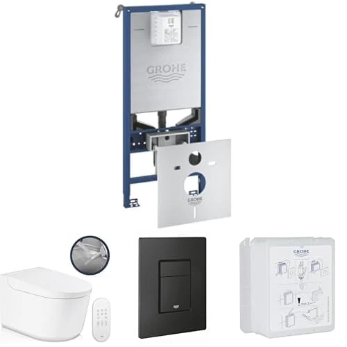 GROHE Sensia Wall Hung Shower Toilet Rimless WC & Rapid SLX 3-in-1 Concealed Cistern Frame Set Installation System 1.13m with Even Flush Plate in Phantom Black