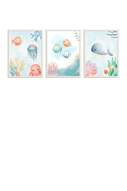 AlexandreHouse Set of 3 Cuadros Infantiles Formado for Cuadro Pulpo, Barco y Ballena Azul