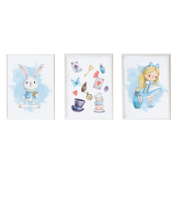 AlexandreHouse Set of 3 cuadros infantiles formed by cuadro conejo con reloj, cuadro objetos Alicia y cuadro Alicia con pocima azul