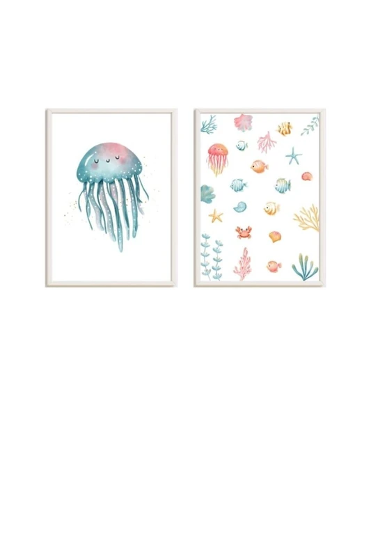 Set of 2 Cuadros Infantiles Formado Por Cuadro Estampado Océano y Medusa Azul - Image 1