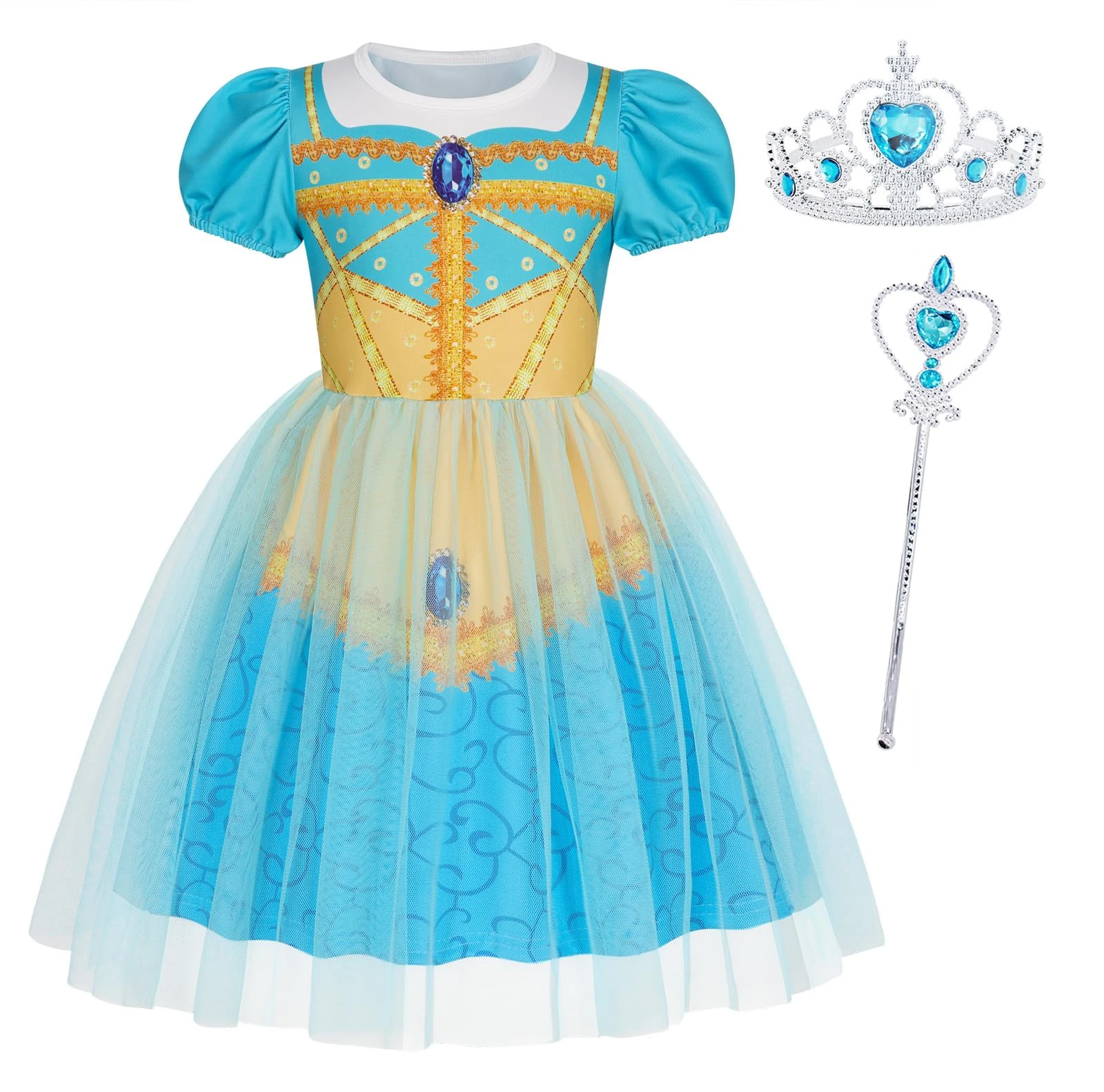 Berich Jasmine Dress with Crown Princess Dress up for Girls Halloween Outfits Christmas Gifts Princess Jasmine Costume 5-6 Years(Turquoise,130)