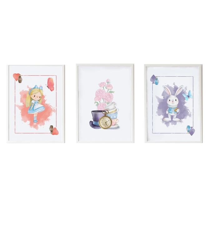 Set of 3 Children's Láminas Formado por Lámina Alicia Paper Corazones, Lámina Flores y objetos Alicia y Lámina Conejo Carta Picas