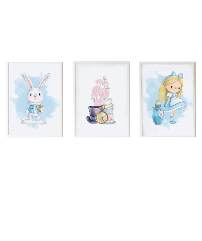 Set of 3 Children's Beds Formado por Lámina Conejo con reloj, Lámina Flores y objetos Alicia y Lámina Alicia con pocima Azul