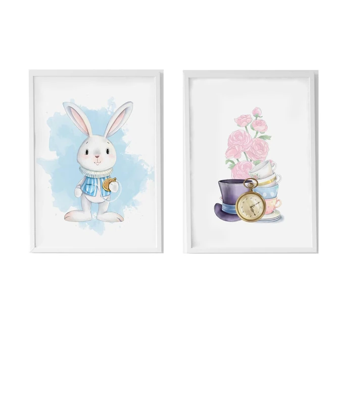 AlexandreHouse Set of 2 cuadros shaped for cuadro conejo con reloj y cuadro flores y objetos Alicia - Image 1
