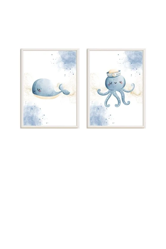 Set of 2 Cuadros Infantiles Formado Por Cuadro Ballena Azul y Pulpo - Image 1