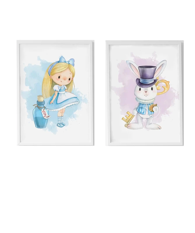 Set of 2 Cuadros infantiles formado por cuadro Alicia con pocima Azul y cuadro Conejo Llave - Image 1