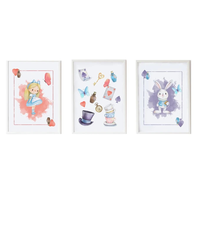 Set of 3 Láminas infantiles formado por Lámina Alicia Paper Corazones, Lámina objetos Alicia y Lámina Conejo Carta picas
