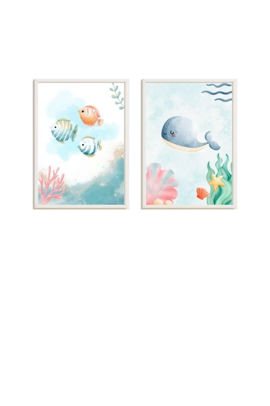 AlexandreHouse Set of 2 Cuadros Infantiles Formado Por Cuadro Estampado Peces, Pulpo y Ballena Navegando Oceano - Image 1