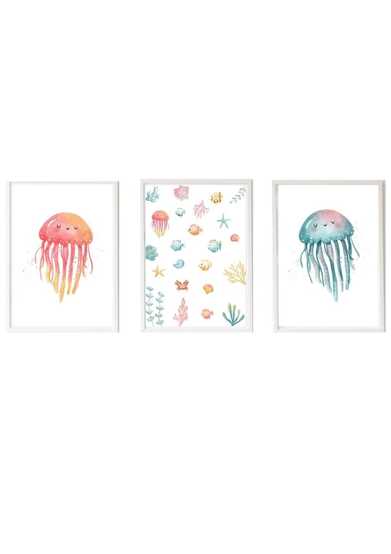 Set of 3 Children's Beds Formado by Lámina Medusa Rose, Estampado Oceano y Medusa Azul