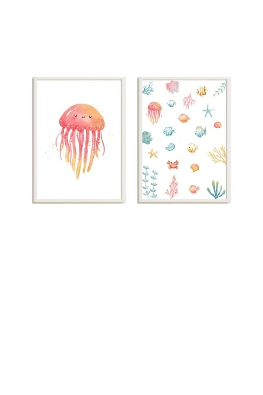 Set of 2 Cuadros Infantiles Formado Por Cuadro Estampado Océano y Medusa Pink - Image 1