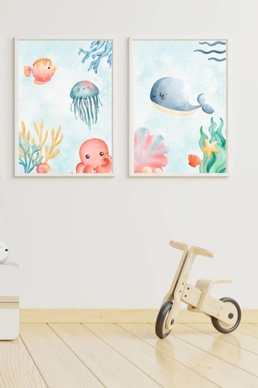 AlexandreHouse Set of 2 Cuadros Infantiles Formado Por Cuadro Estampado Peces, Pulpo y Ballena Navegando Oceano - Image 1