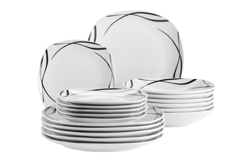 MÄSER Decora Series Plate Set for 6 People, 18-Piece Dinnerware in Square Shape, Elegant, Timeless, Porcelain