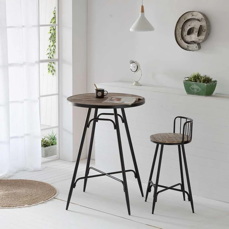 AlexandreHouse Taburete Con Respaldo De Metal Y Madera Grey - Image 1