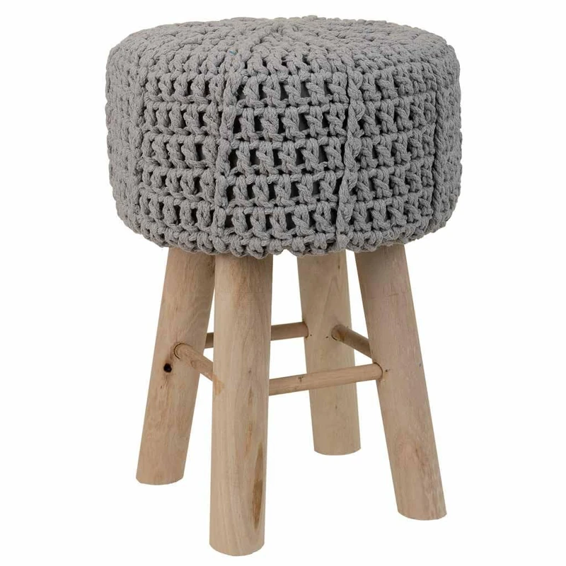 Taburete De Madera Y Algodón Trenzado Gris