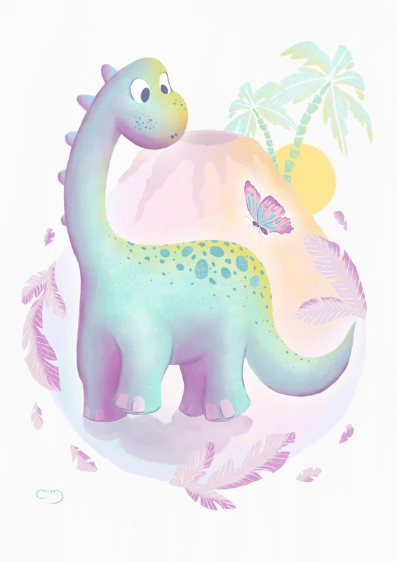 Lámina Infantil ilustracion Dinosaur with Green palmeras