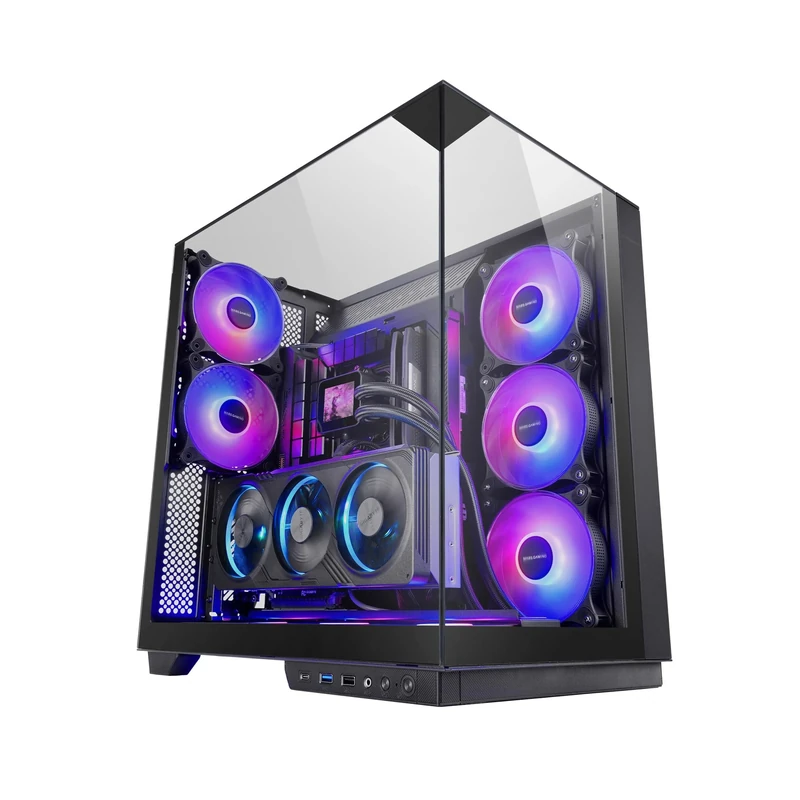 MARS GAMING MC-3GF, Gaming ATX Case, Triple Tempered Glass, 2x 120mm ARGB Rear Fans, Vertical GPU Mount, PC Tower with Liquid Cooling Support up to 360mm, Black