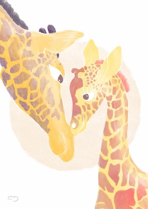 Lámina Infantil ilustracion Familia jirafa Naranja