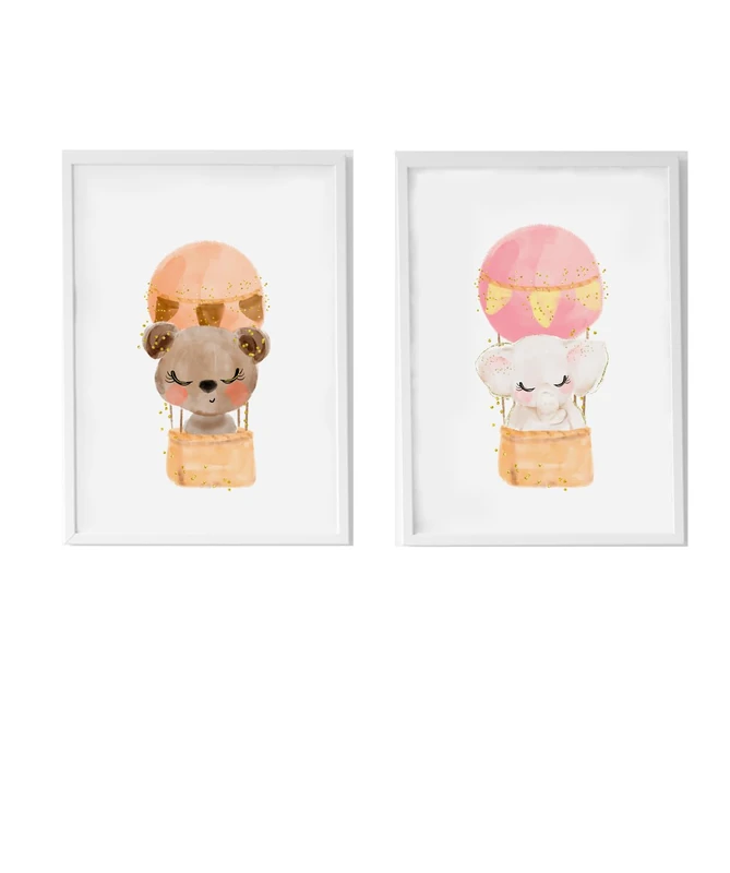 Set of 2 Children's Lamps Formado by Lámina OSO en Globo y Lámina Elefante en Globo en Globo