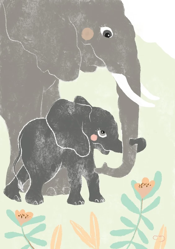 Lámina Infantil Ilustracion Familia Elephant Grey