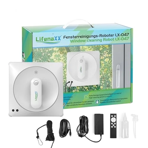 Lifenaxx Window Cleaning Robot LX-047, Electric Window Cleaner with 4 Spray Nozzles, High 4500Pa Suction Power, Large 100ml Water Tank, 4 Cleaning Modes – Ideal for Windows, Tiles, Mirrors