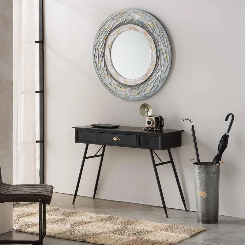 AlexandreHouse Espejo Redondo De Madera With Relieve Azul - Image 1