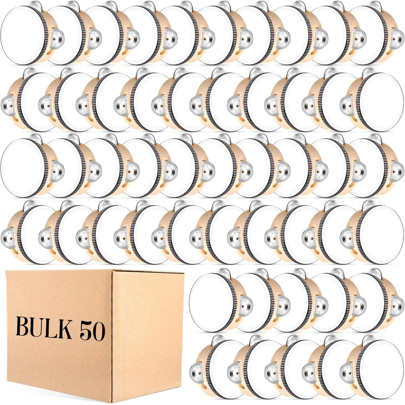 Lukmaa 50 Pcs 4 Inch Wedding Tambourine Bulk Drum for Adults Hand Held Percussion Gift Wood Metal Jingles Musical Educational Drum Instrument for Church Wedding Party Favor