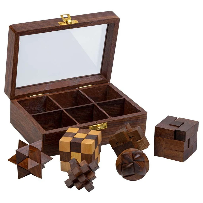Juego De 6 Juegos De Rompecabezas En Caja De Madera Brown