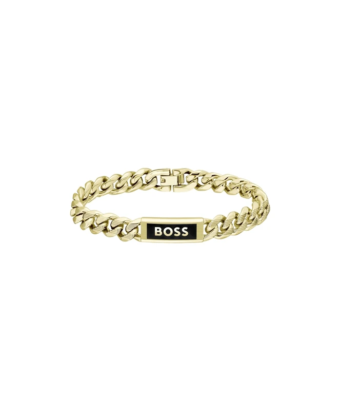BOSS Jewelry Men's KASSY EMBLEM Collection Chain Bracelet in Yellow Gold with a Black Enamel Plaque - 1580680M