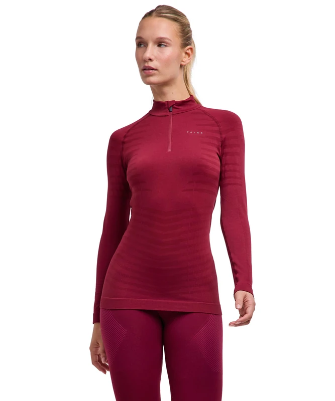 FALKE Women's Maximum Warm High Zip Neck W L/s Sh Functional Yarn Quick Dry 1 Piece Base Layer Top, Red Merlot 8117 Trend, XS