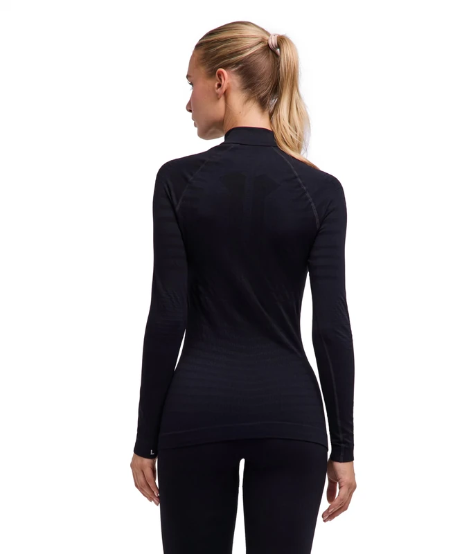 FALKE Women's Maximum Warm High Zip Neck W L/s Sh Functional Yarn Quick Dry 1 Piece Base Layer Top, Black 3000 Trend, L